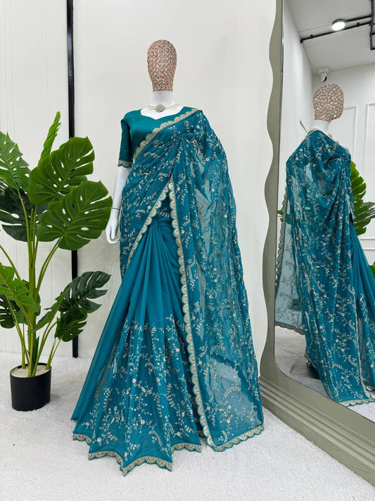 Aqua Party Wear Tabby Silk Saree