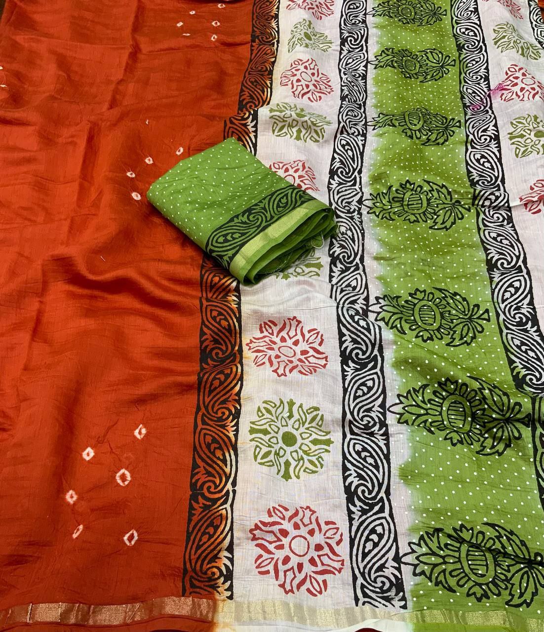 Orange Bandhani Block Printed Cotton Saree