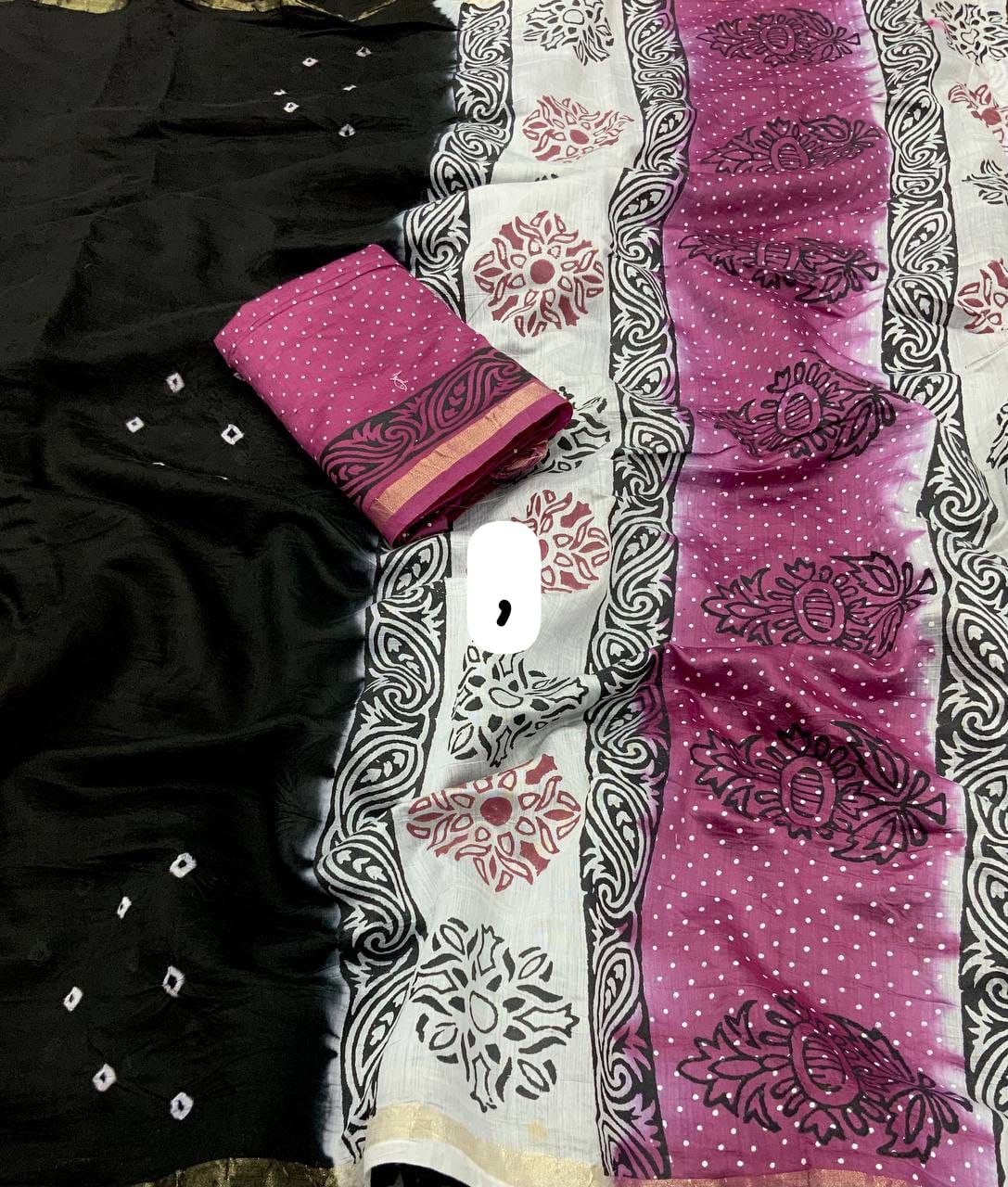 Black Bandhani Block Printed Cotton Saree