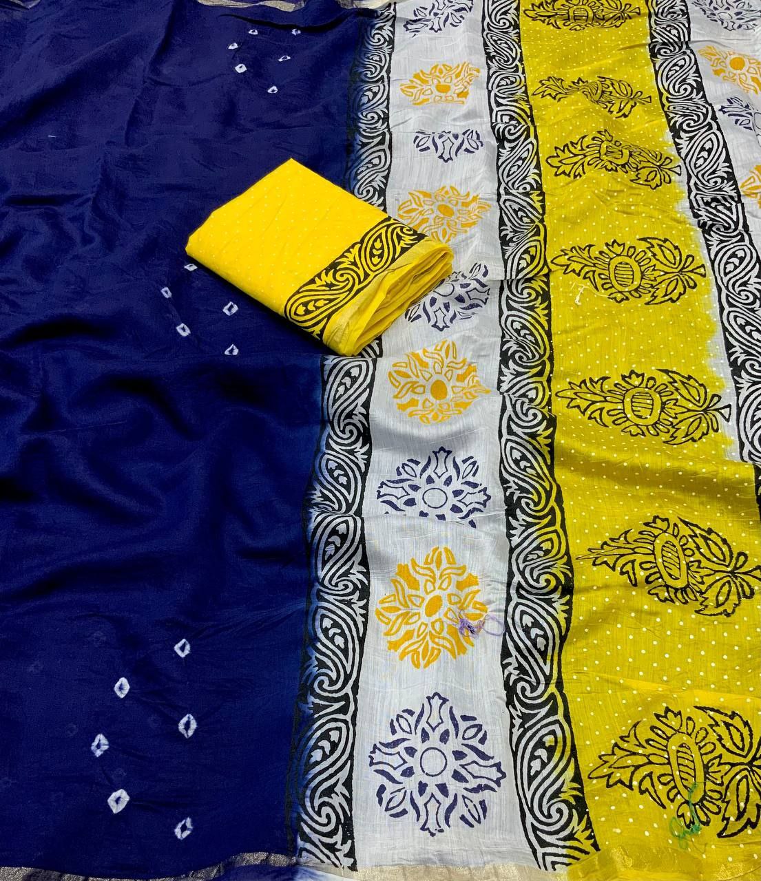 Blue Bandhani Block Printed Cotton Saree