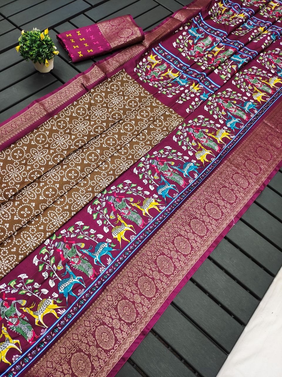 Brown Bandhej & Kalamkari Printed Dola Silk Saree