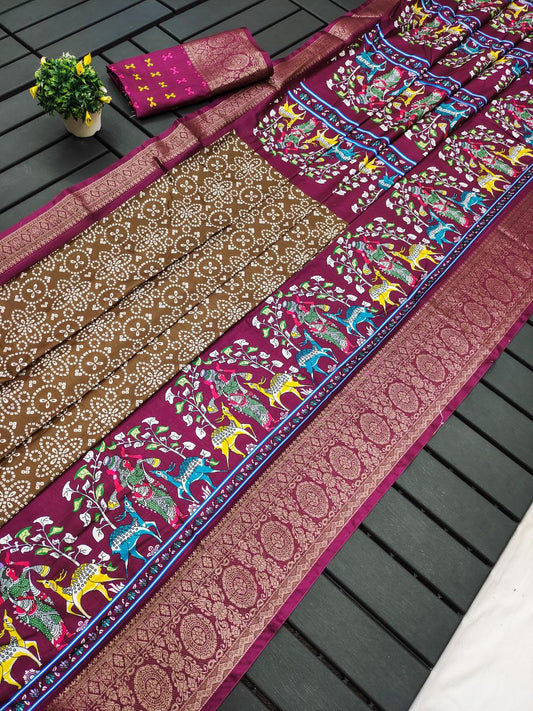 Brown Bandhej & Kalamkari Printed Dola Silk Saree