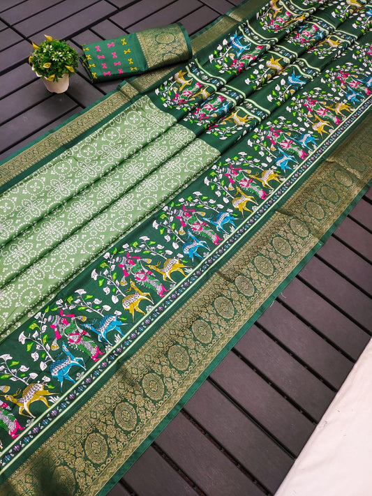 Green Bandhej & Kalamkari Printed Dola Silk Saree