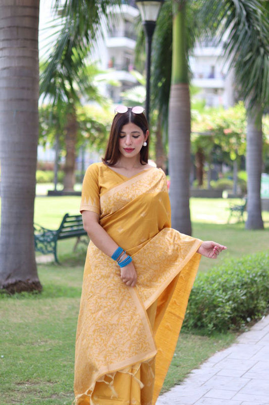 Yellow Bangalore Handloom Raw Silk Saree for Wedding