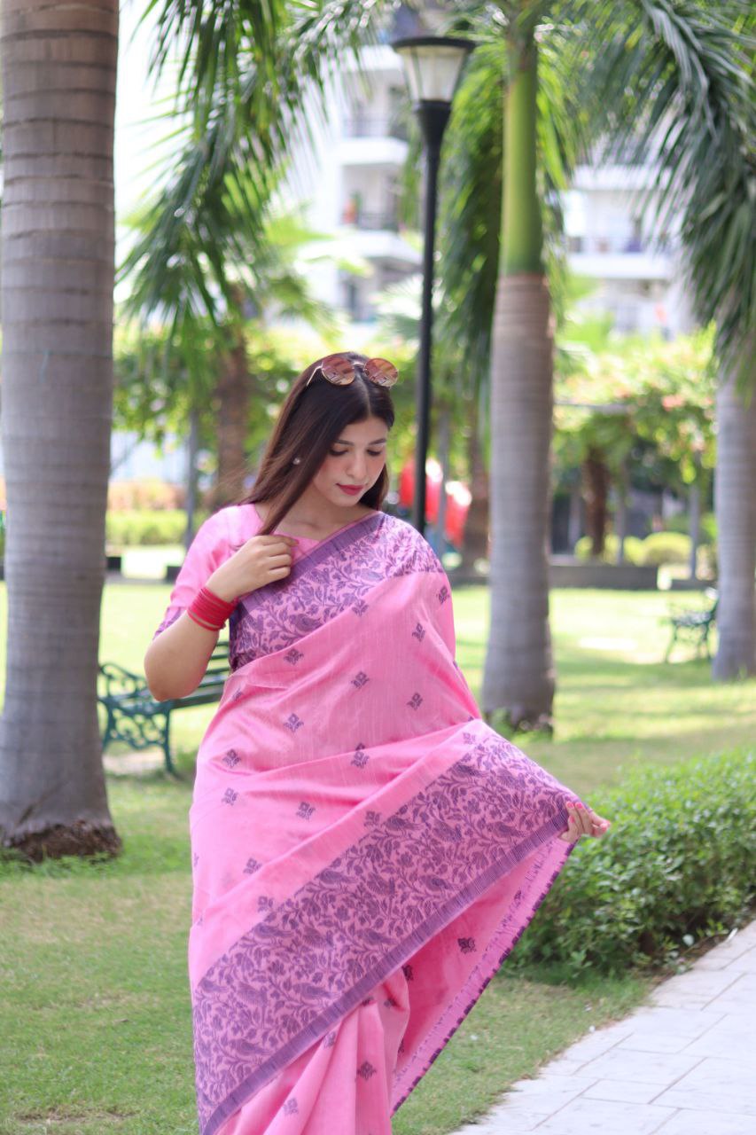 Pink color Bangalore Handloom Raw Silk Saree