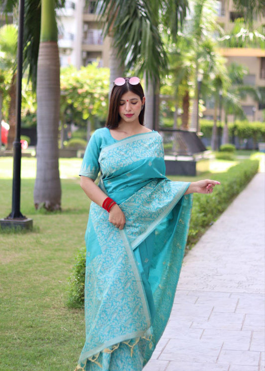 Sky Blue Color Bangalore Handloom Raw Silk Saree