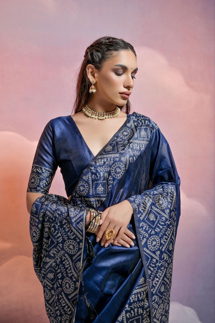 Navy Banglori Handloom Raw Silk Saree