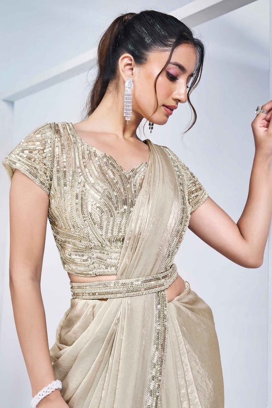 Beige Stylish Ready Made Satin Silk Saree With Belt | Original Saree