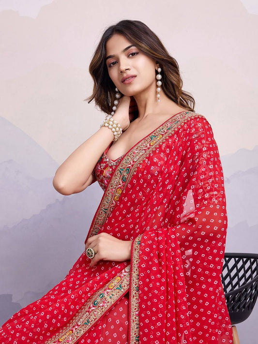 Maroon Bandhej Printed Georgette Saree