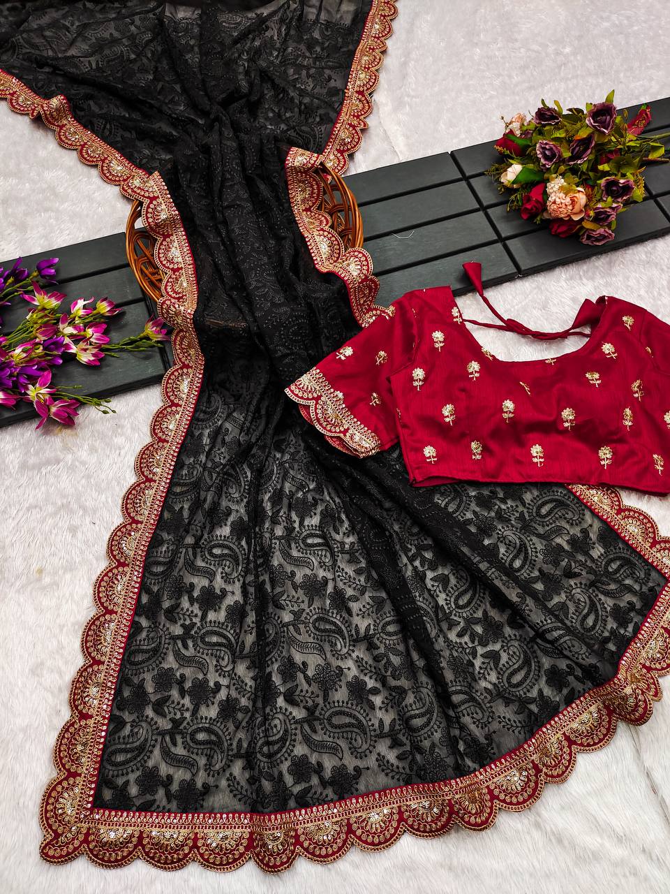 Black Chikankari Work Georgette Saree