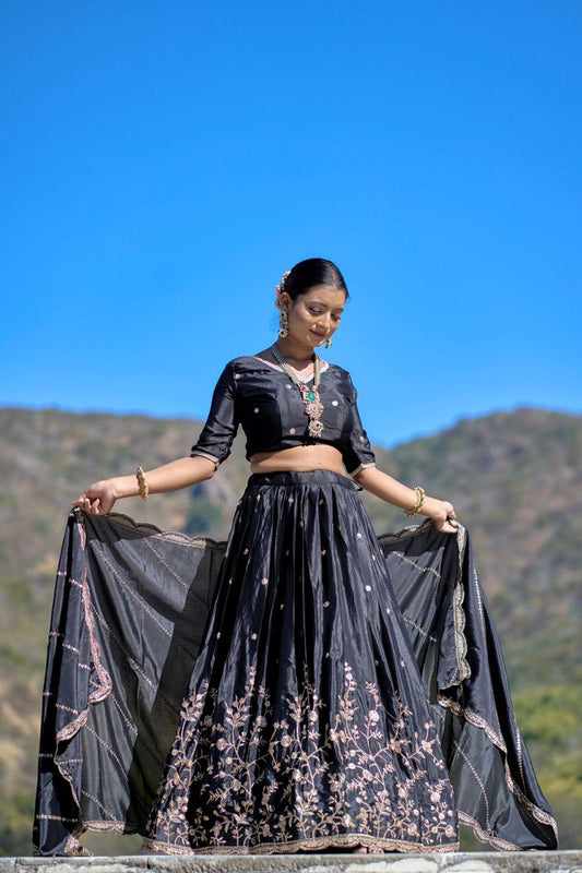 Black Chinon Lehenga Choli For Wedding