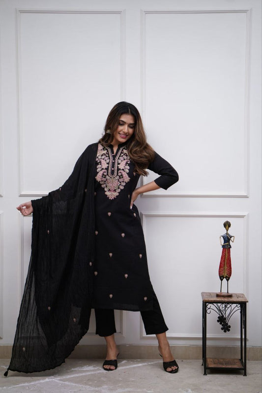 Black Designer Chanderi Kurta Set With Dupatta