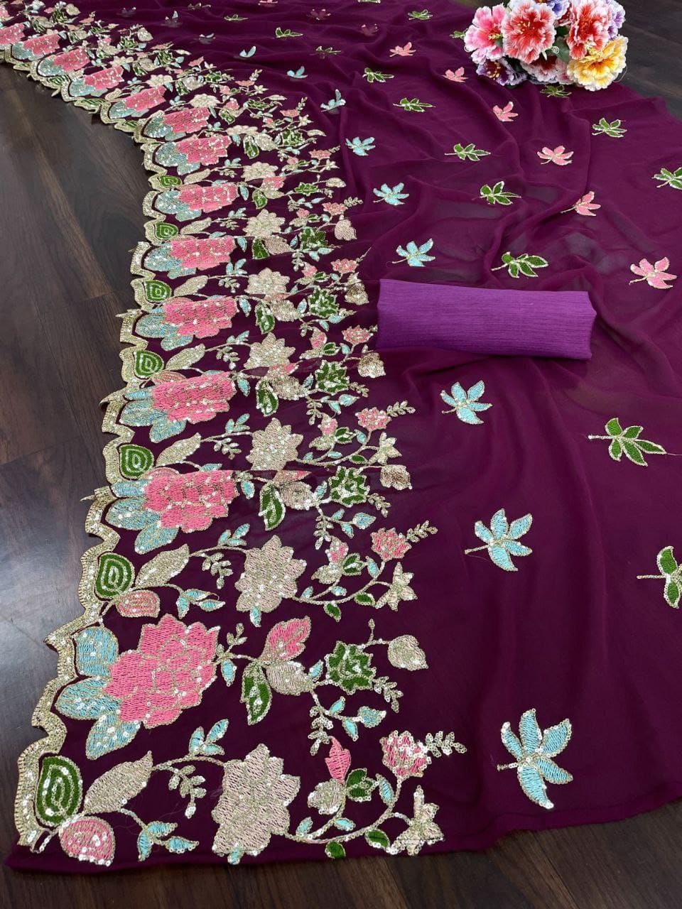 Magenta Floral Sequence Georgette Saree