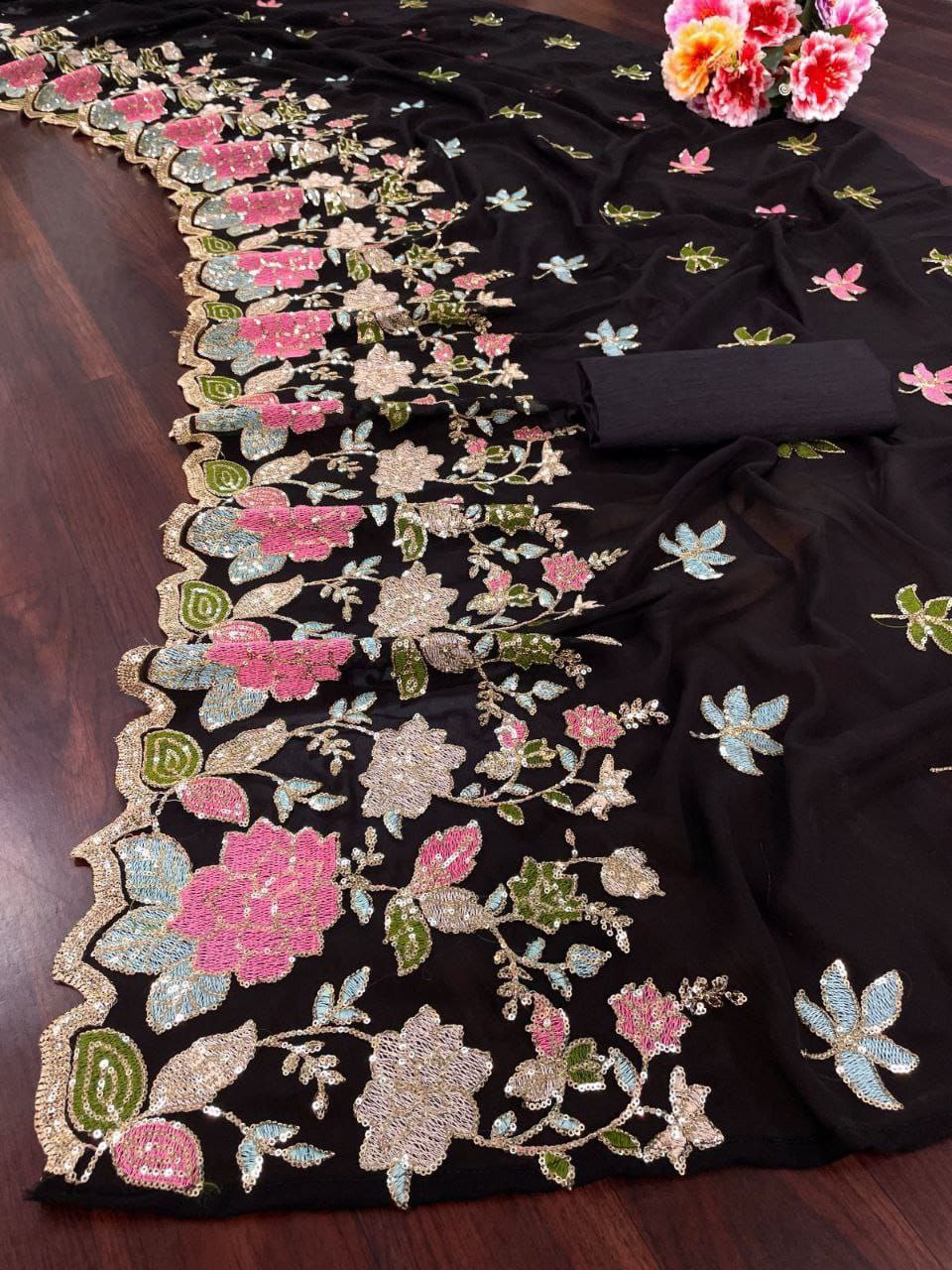 Black Floral Sequence Georgette Saree