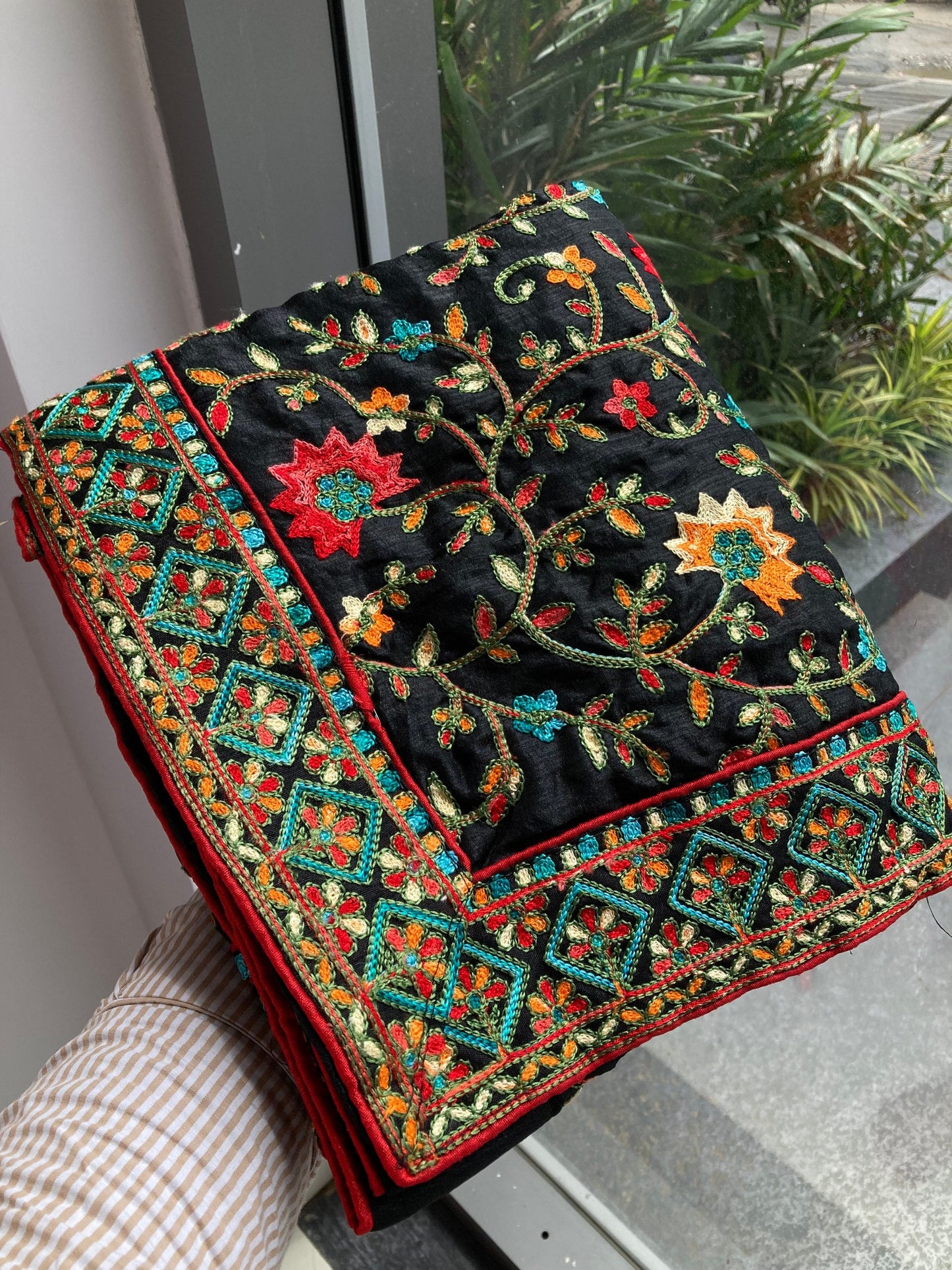 Black Kashmiri Work Chinon Silk Saree