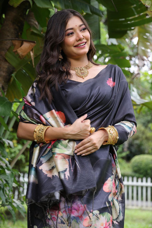 Black Lotus Printed Tussar Silk Saree