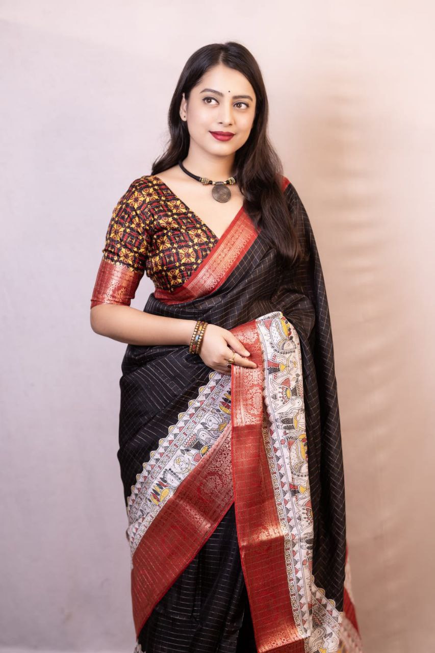 Black Madhubani Printed Cotton Crape Chex Saree