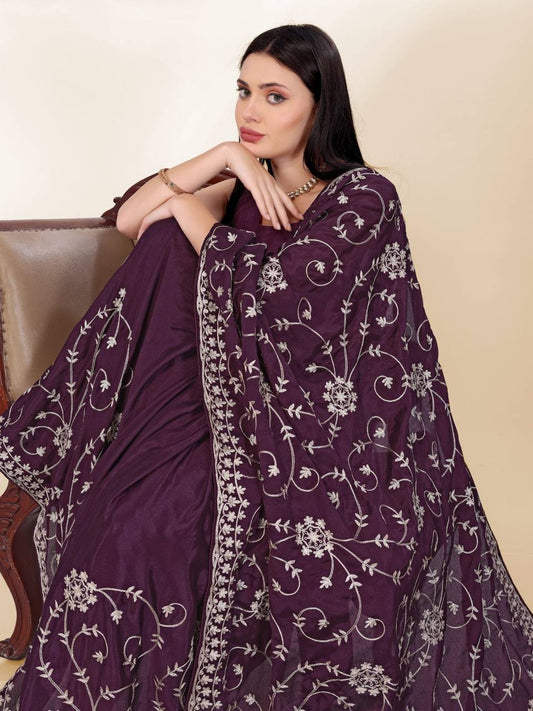 Wine Purple Silver Party Wear Chinon Silk Saree