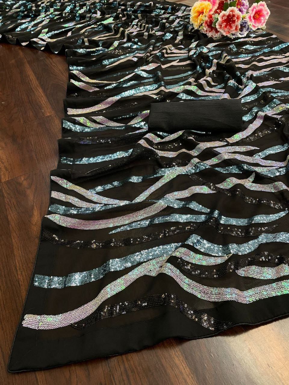 Black Party Wear Sequence Georgette Saree