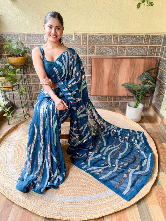 Teal Party Wear Sequence Georgette Saree