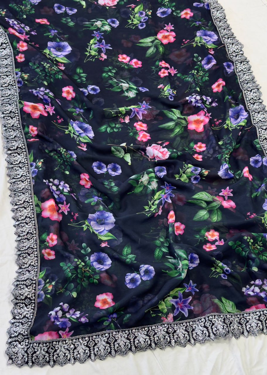 Black Party Wear Stylish Georgette Saree | Clone Design