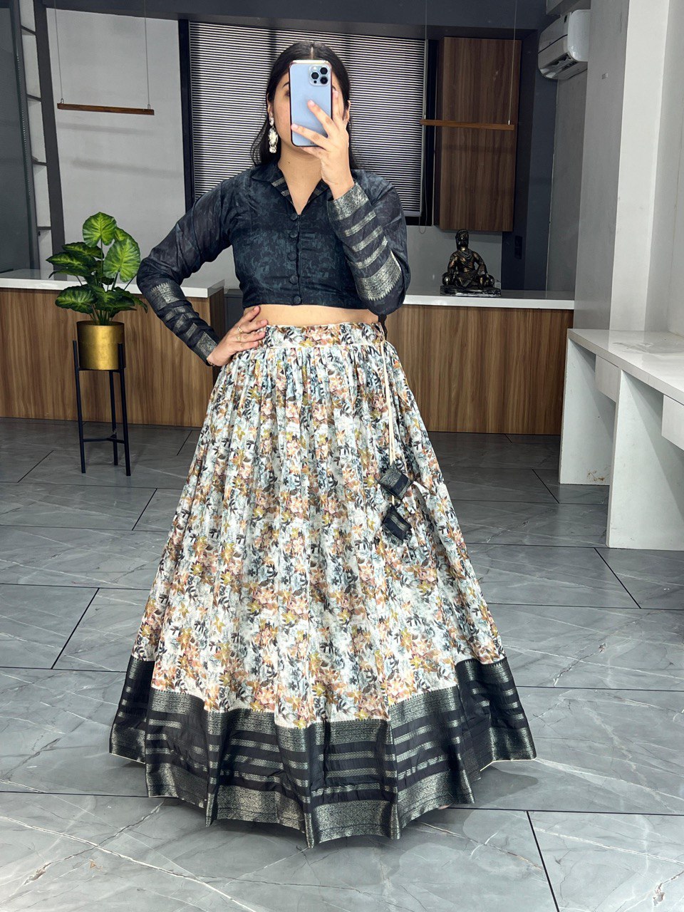Black Printed Ethnic Silk Co-ord Set