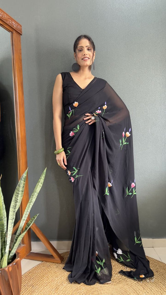 Black Ready To Wear Georgette Saree
