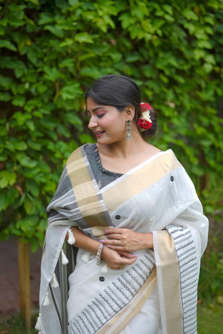 Black & White Soft Linen Cotton Saree