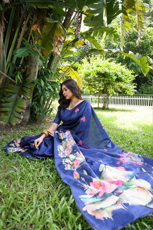 Blue Lotus Printed Tussar Silk Saree