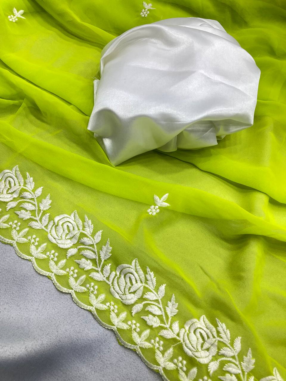 Bright Olive Chikankari Worked Georgette Saree