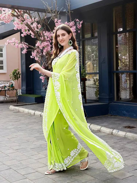 Bright Olive Chikankari Worked Georgette Saree