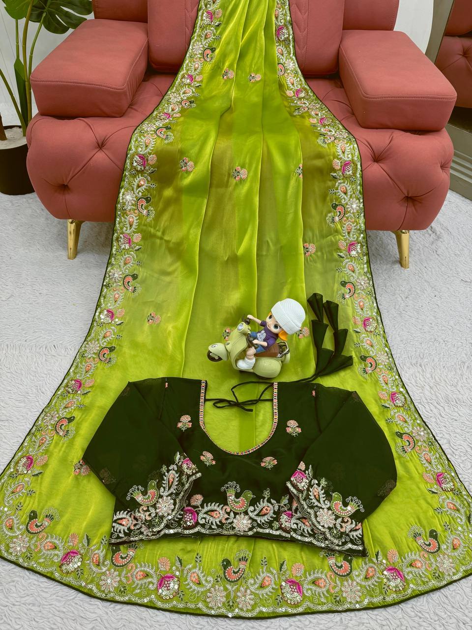 Bright Olive Designer Zimmy Choo Saree