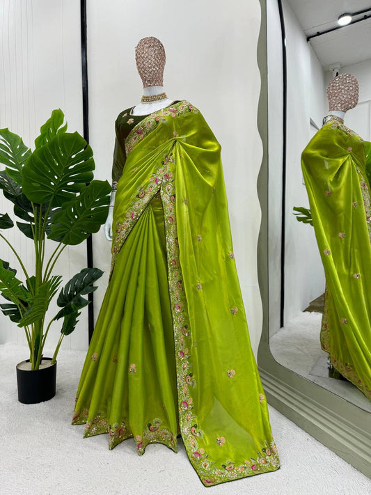 Bright Olive Designer Zimmy Choo Saree