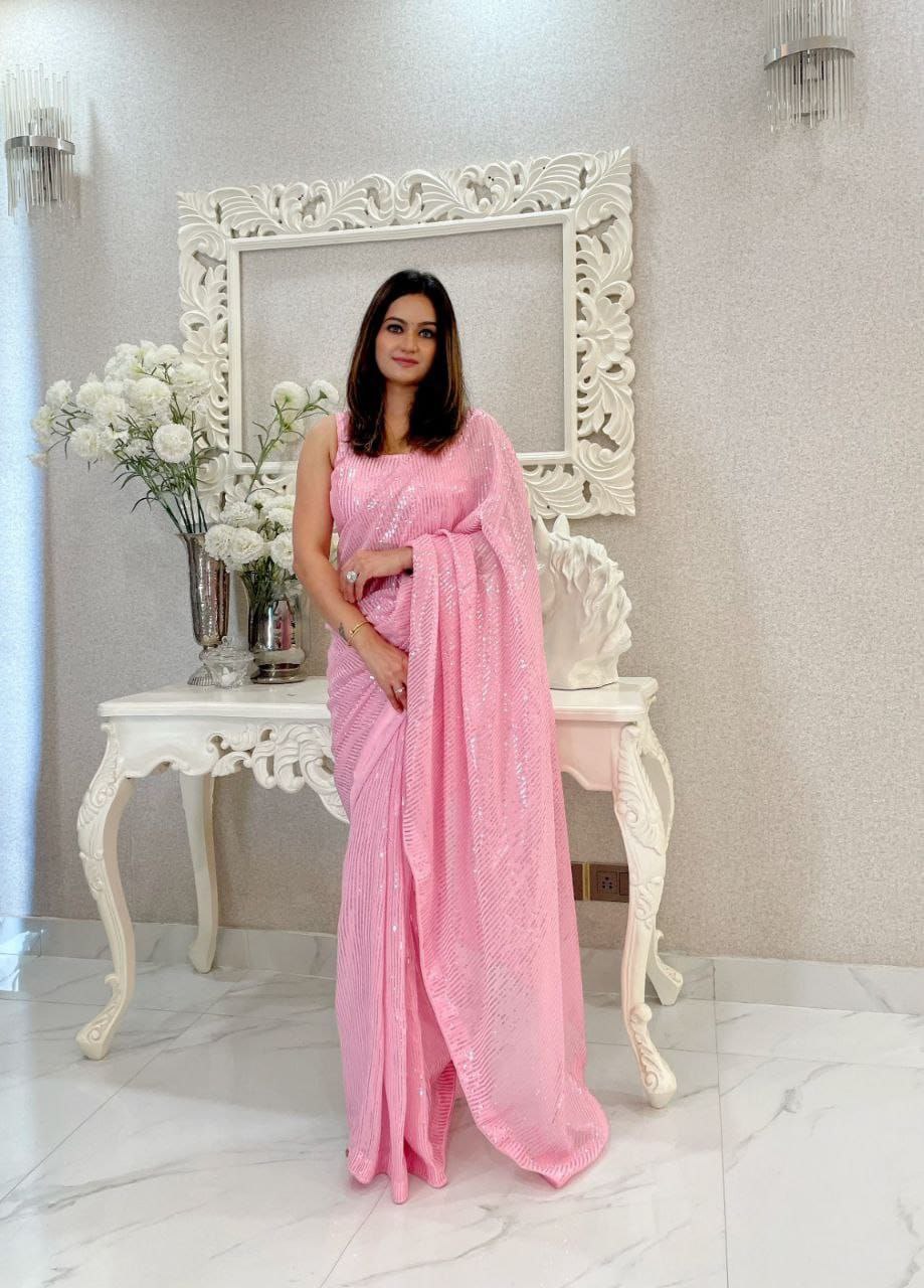 Pink Party Wear Sequence Georgette Saree