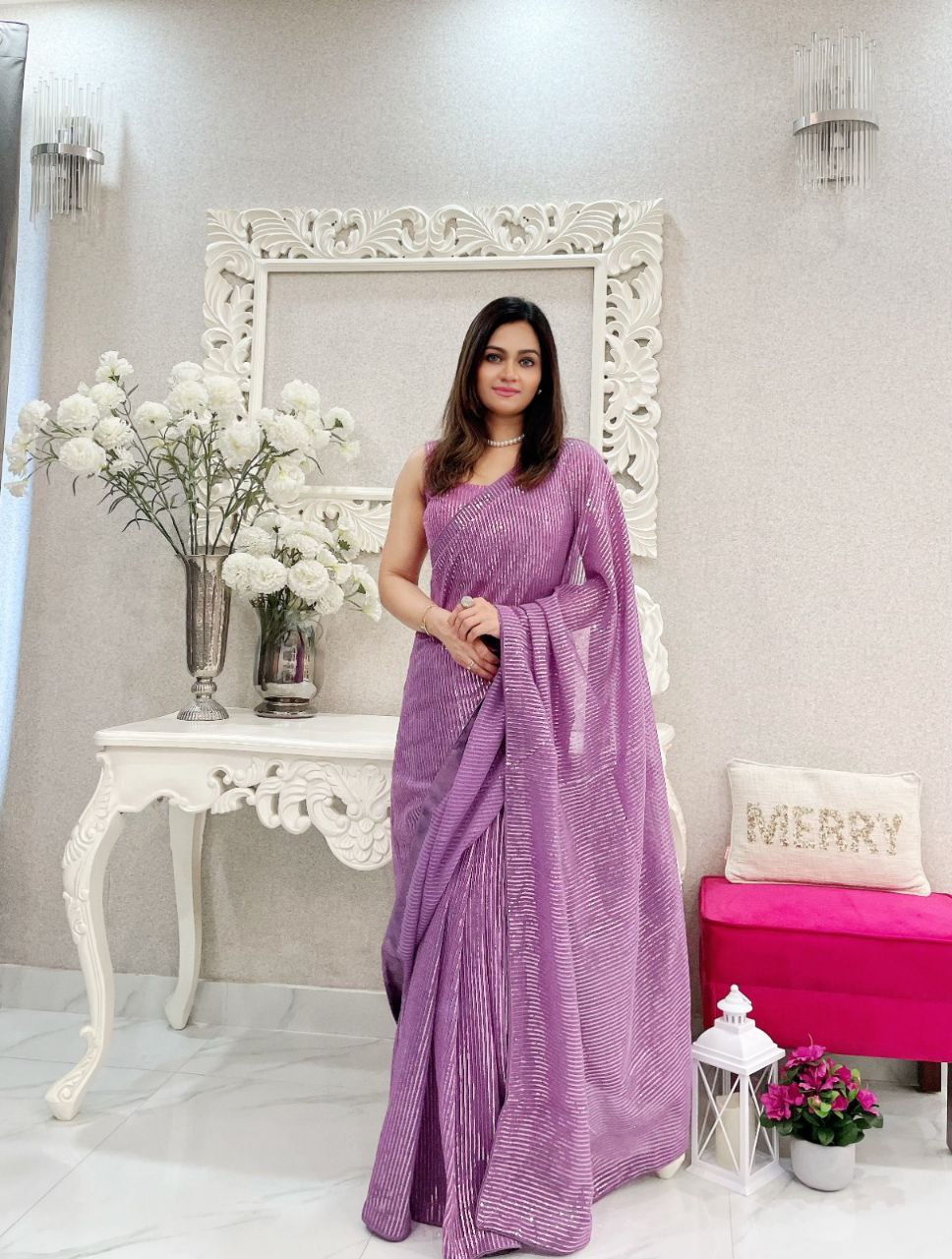 Lavender Party Wear Sequence Georgette Saree