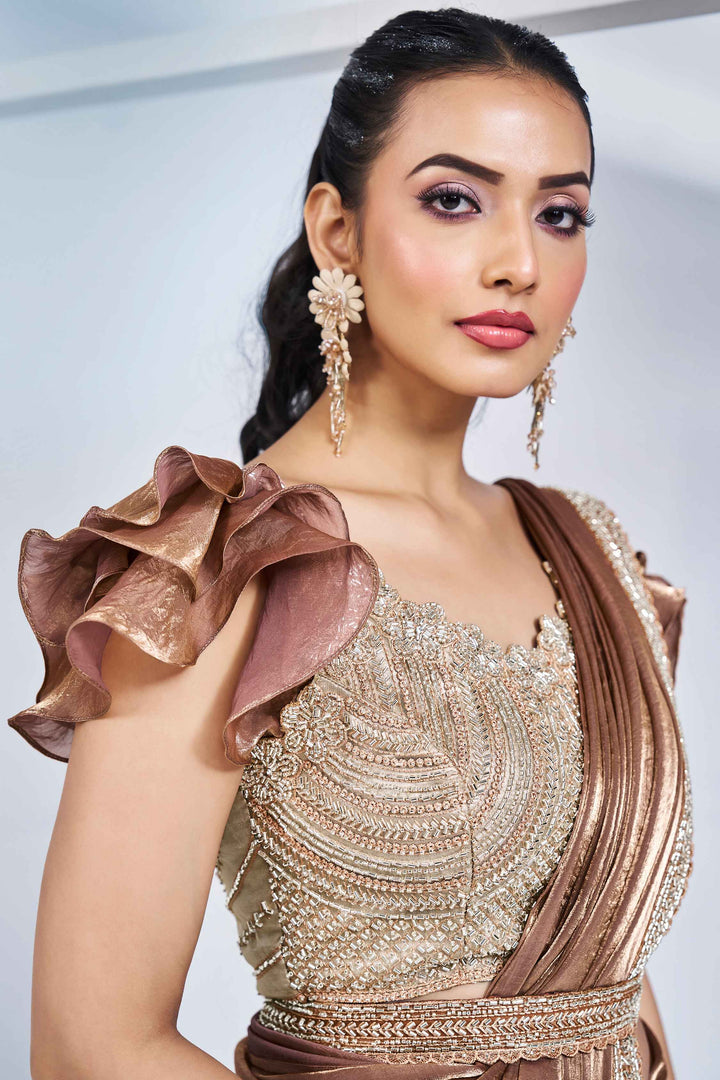 Brown Stylish Ready Made Satin Silk Saree With Belt | Original Saree