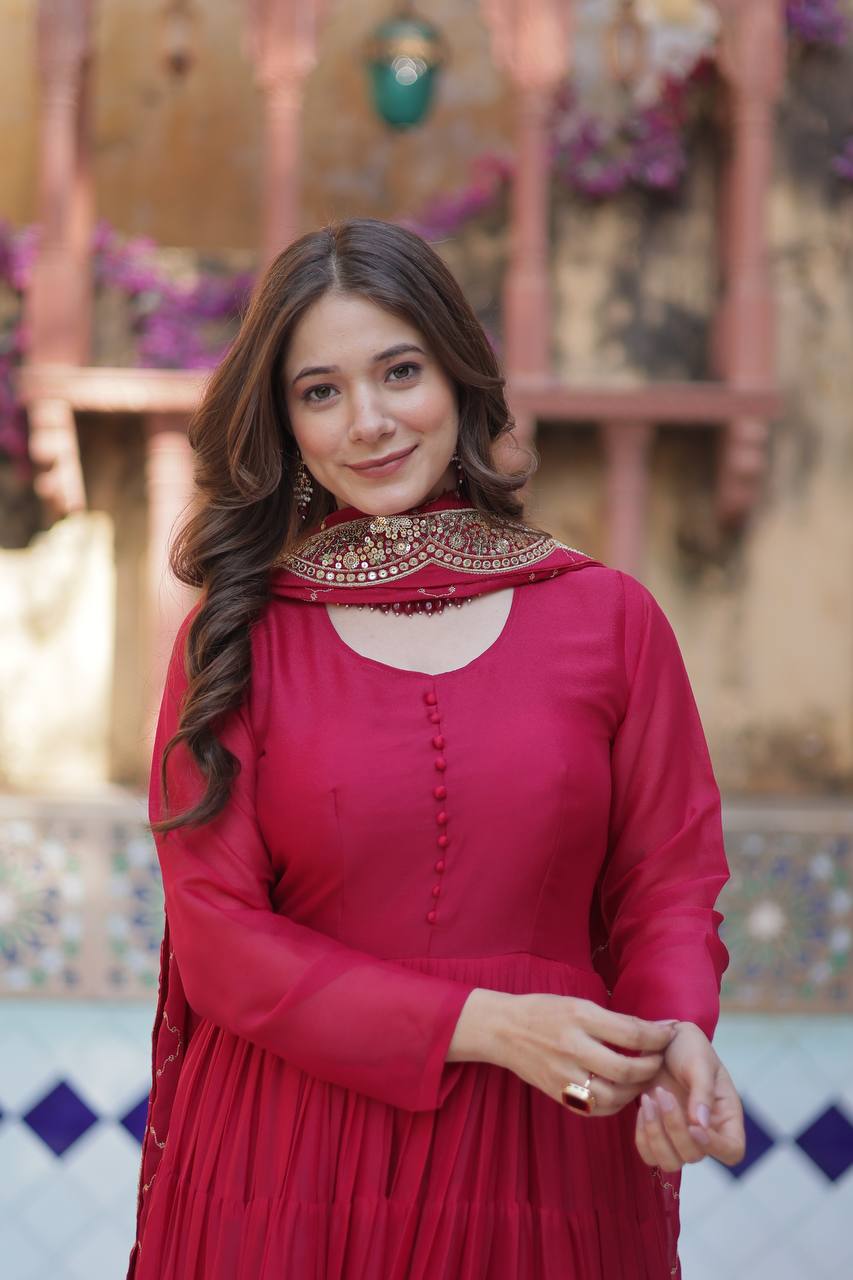 Burnt Pink Traditional Indian Gown Dress With Dupatta