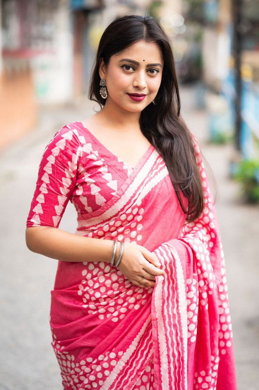 Pink Chanderi Cotton Batik Printed Saree