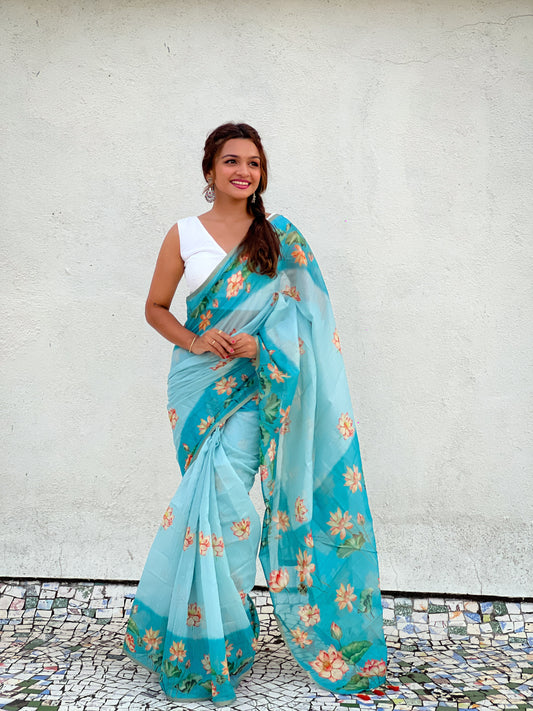 Aqua Pichwai Printed Chanderi Cotton Saree