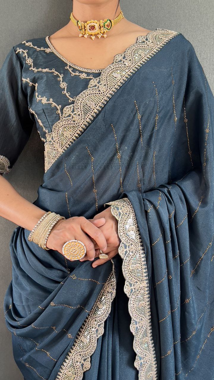 Dark Grey Blue Ready to Wear Star Georgette Silk Saree