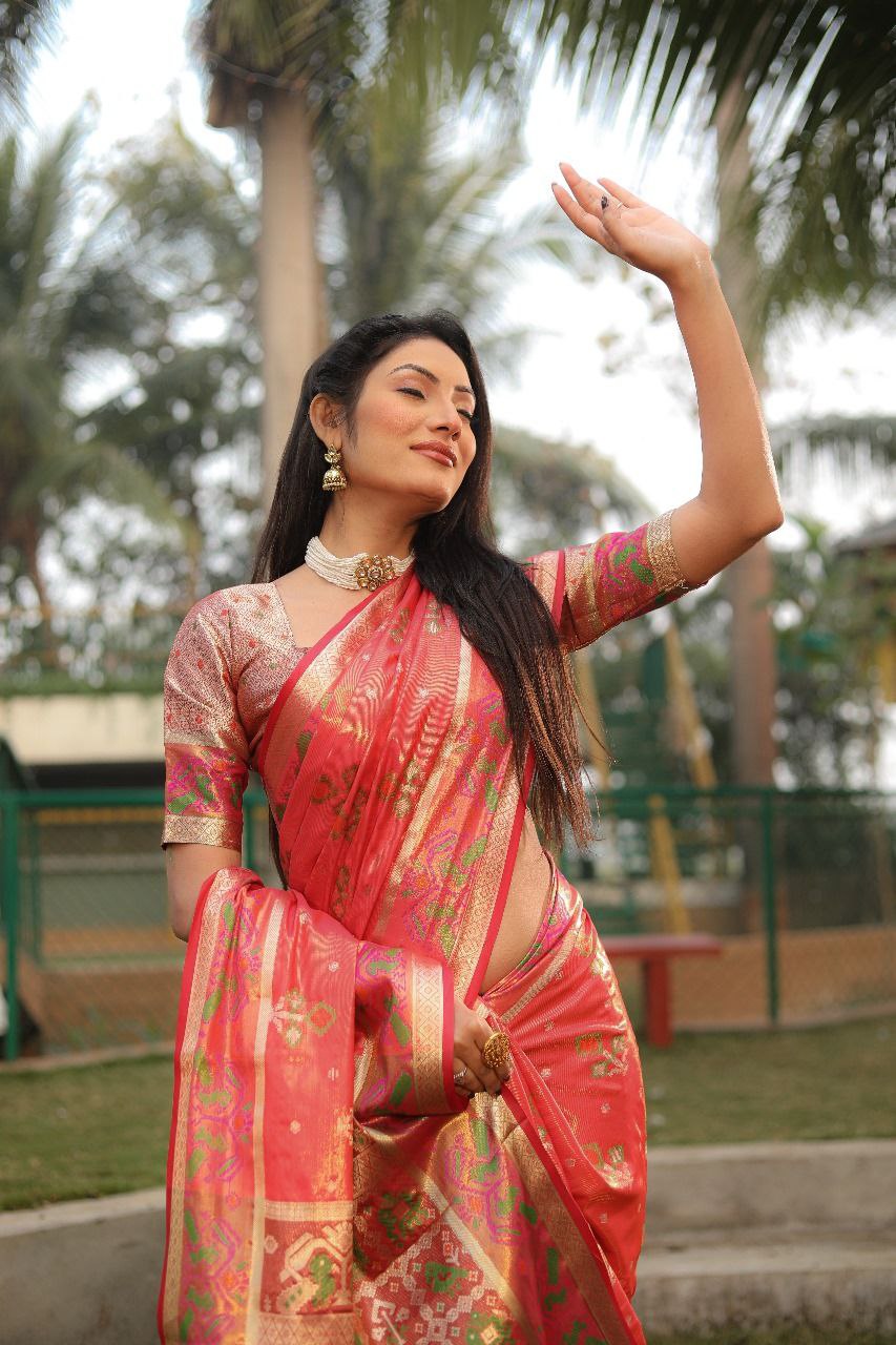 Dark Peach Traditional Organza Silk Saree