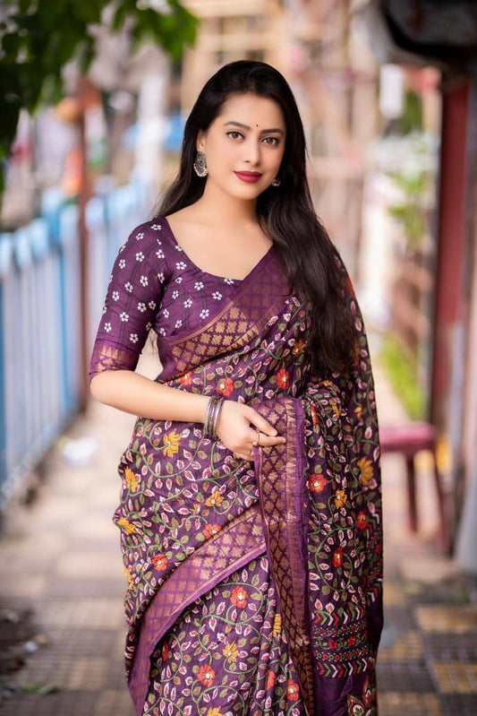 Dark Purple Slub Silk Kalamkari Printed Saree