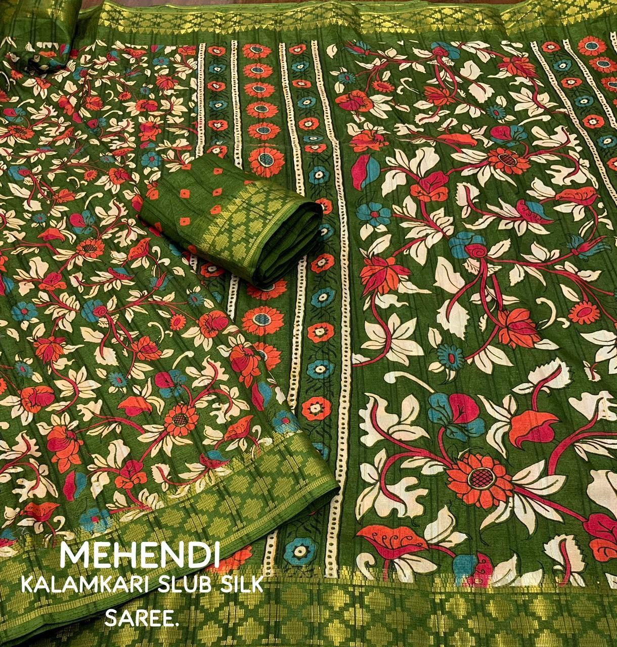 Mehenadi Slub Silk Kalamkari Printed Saree