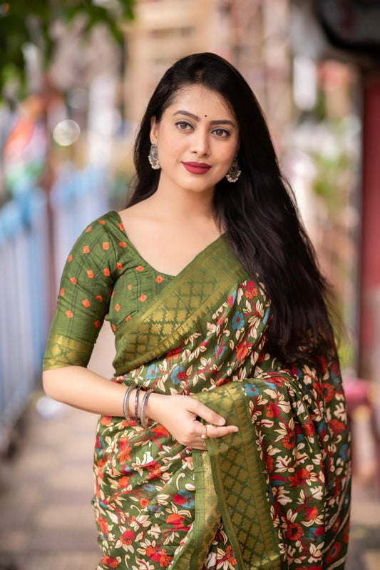 Mehenadi Slub Silk Kalamkari Printed Saree