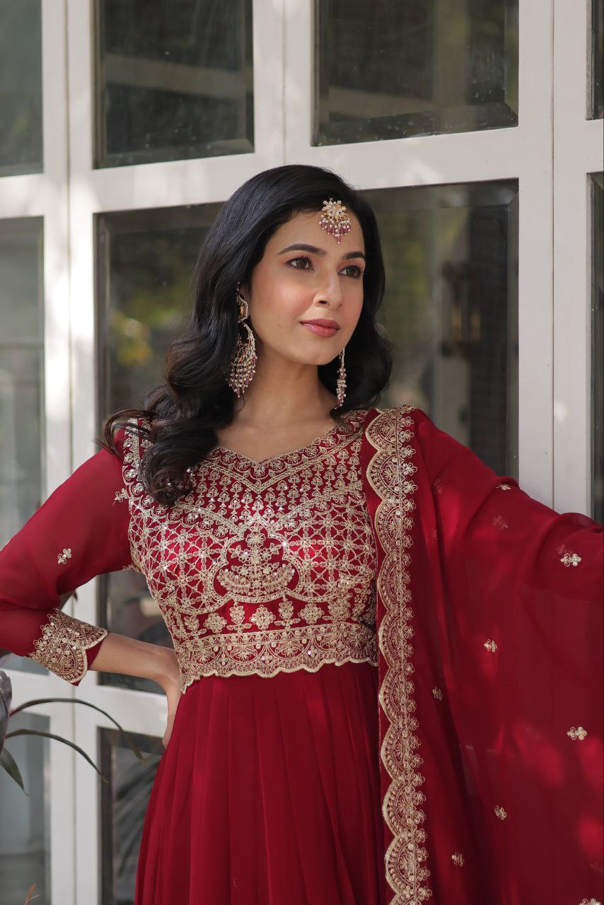 Red Traditional Indian Gown Dress With Dupatta