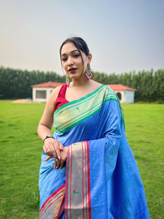 Dark Sky Blue Traditional Paithani Weaving Saree