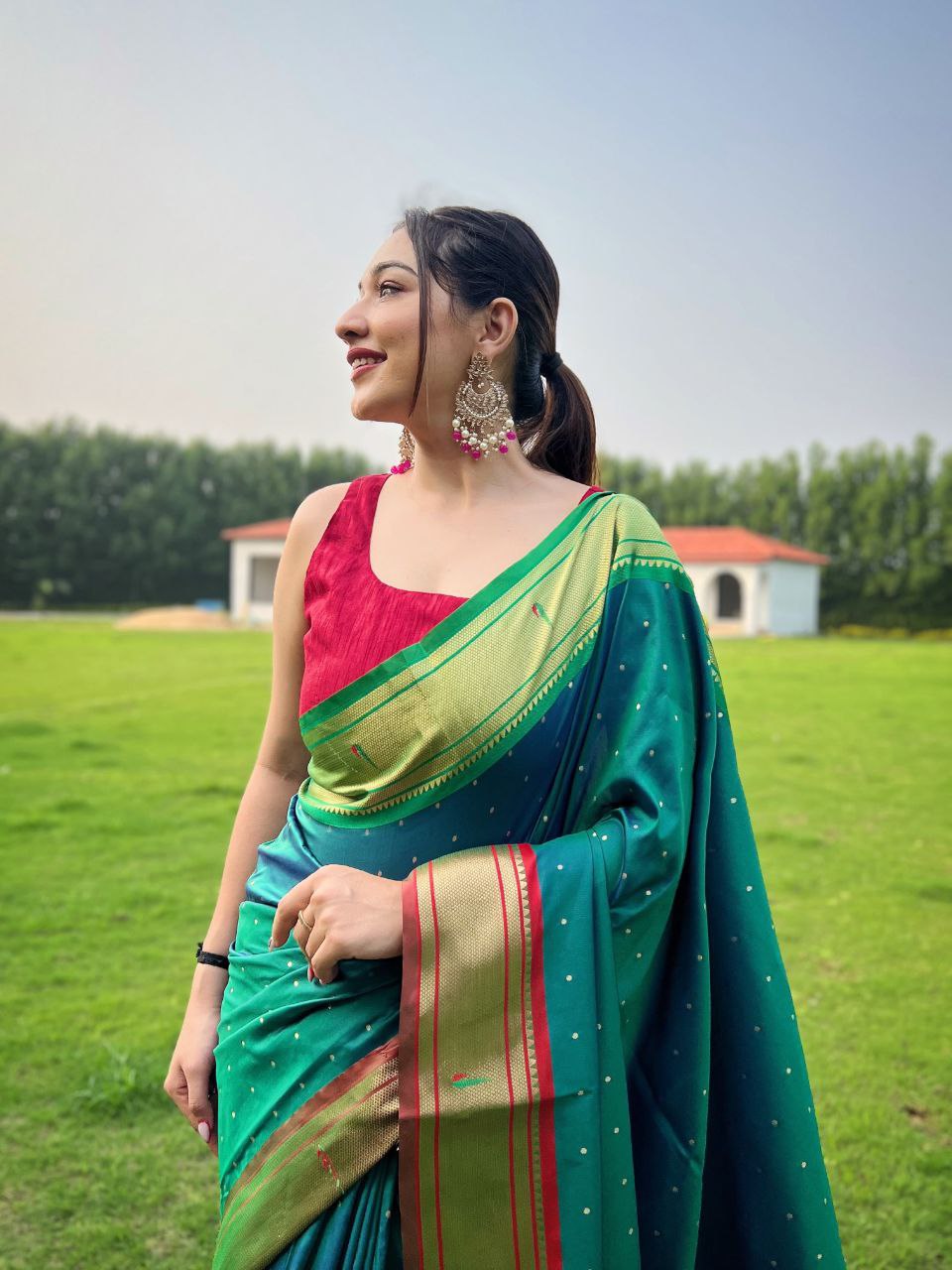 Dark Teal Green Traditional Paithani Weaving Saree