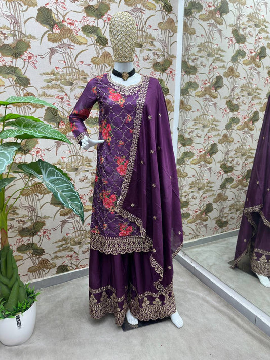 Deep Purple Chinon Silk Designer Kurta Set