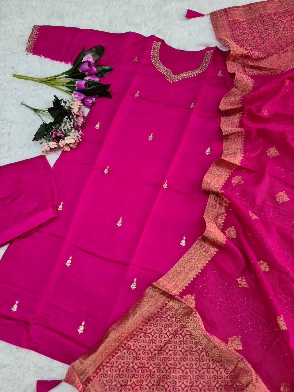 Designer Chanderi Silk Kurta Set With Dupatta