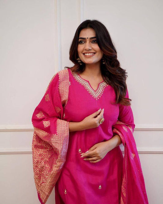 Designer Chanderi Silk Kurta Set With Dupatta